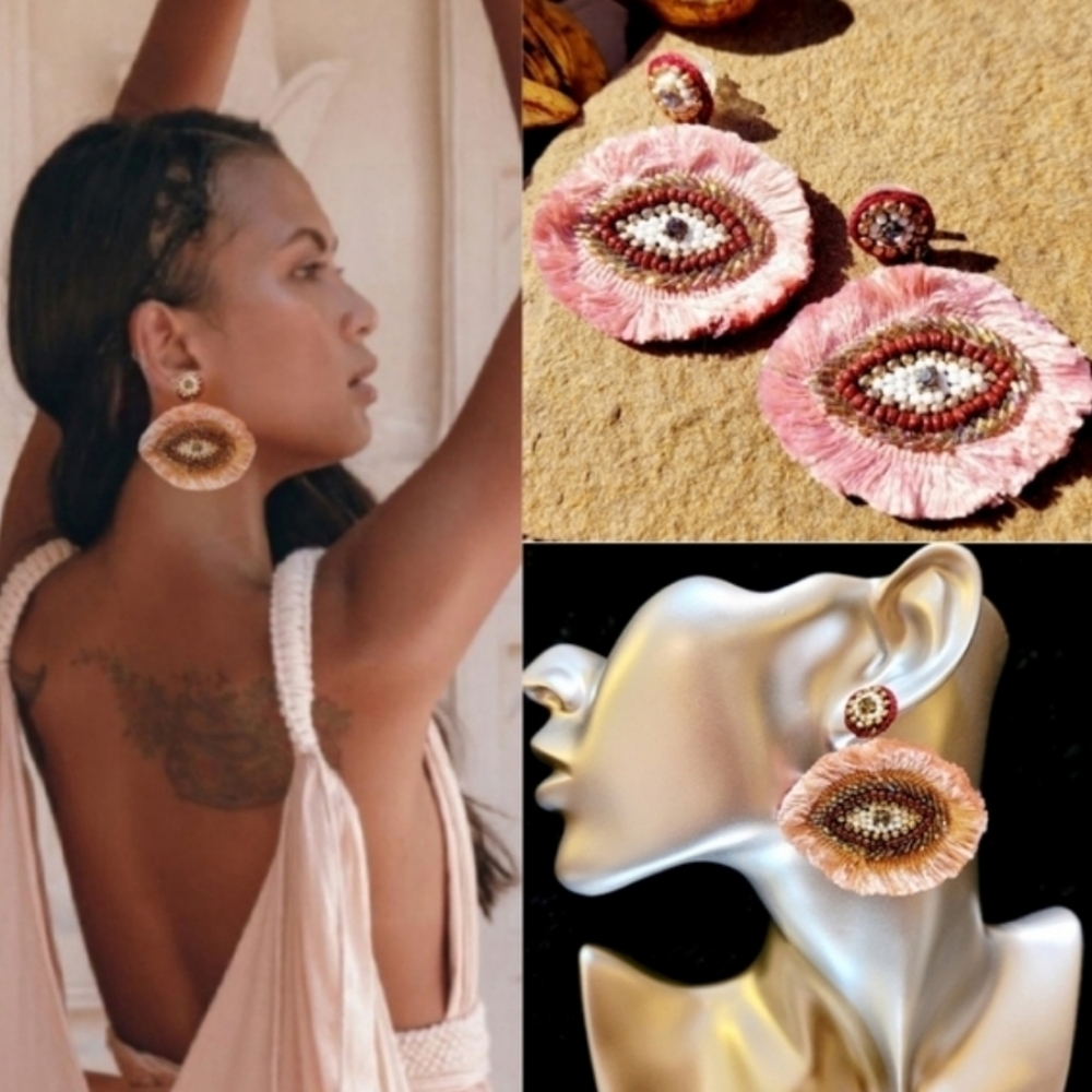 New Oversized Boho Funky Evil Eye Beaded Silk Fringe Drop Earrings - Picture 3 of 8